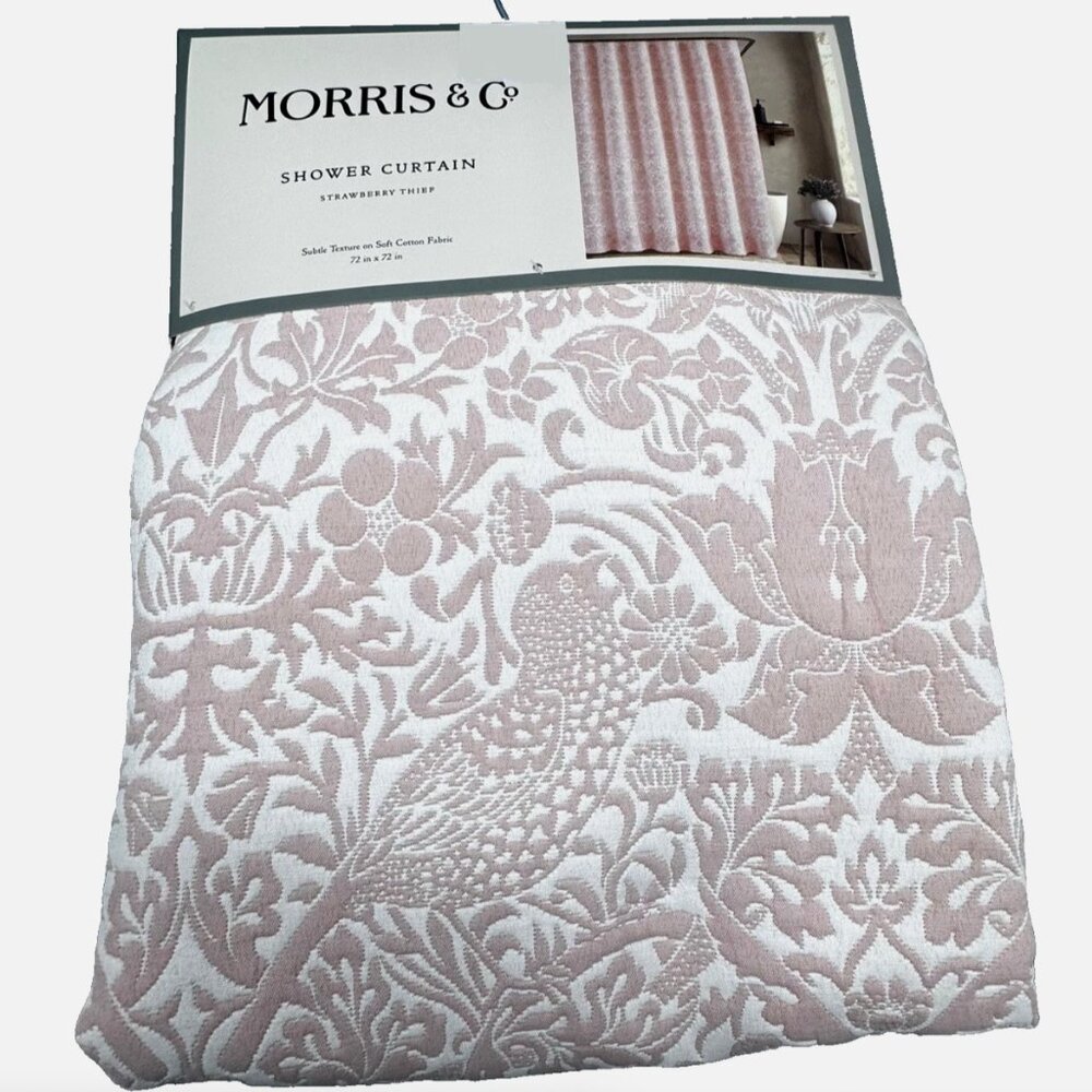 Morris & Co STRAWBERRY THIEF Floral Luxury Shower Curtain Pink Off White NEW
